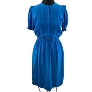 VINTAGE Silk Studio Blue Midi Dress Crew Neck Short Sleeve Smocked Size 8